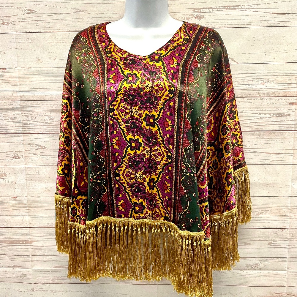 Vintage Silky Paisley Fringe Poncho top